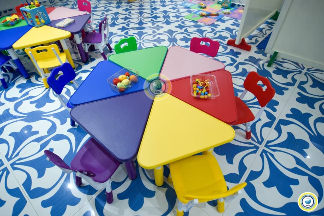 Colorful early years tables prepared for activity-based learning